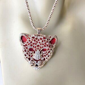 Vintage Gold Rhinestone Panther Tiger Pendant Crystal Cheetah Long Necklace